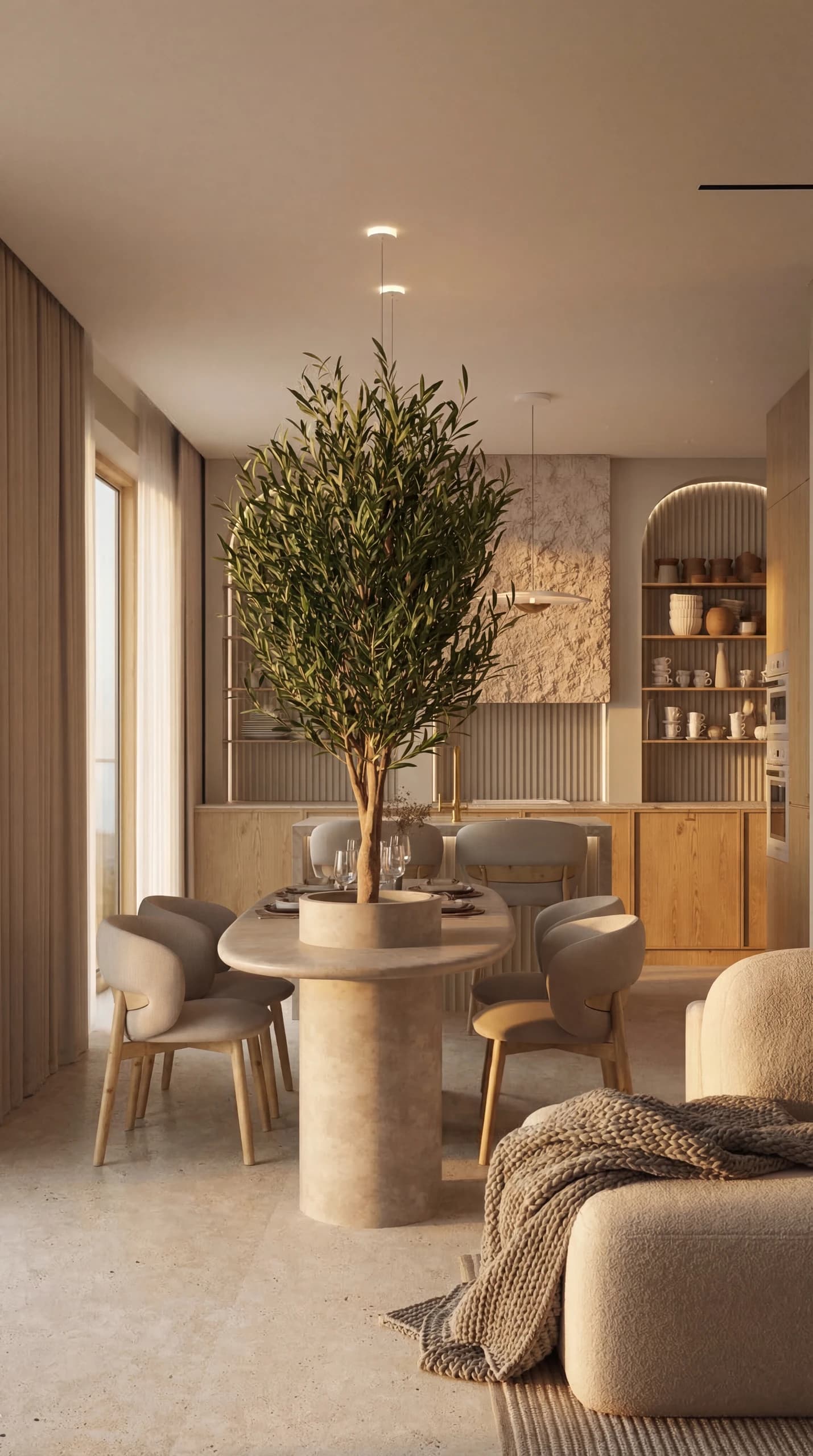 Orangerie Hills — Обеденная зона с оливковым деревом
