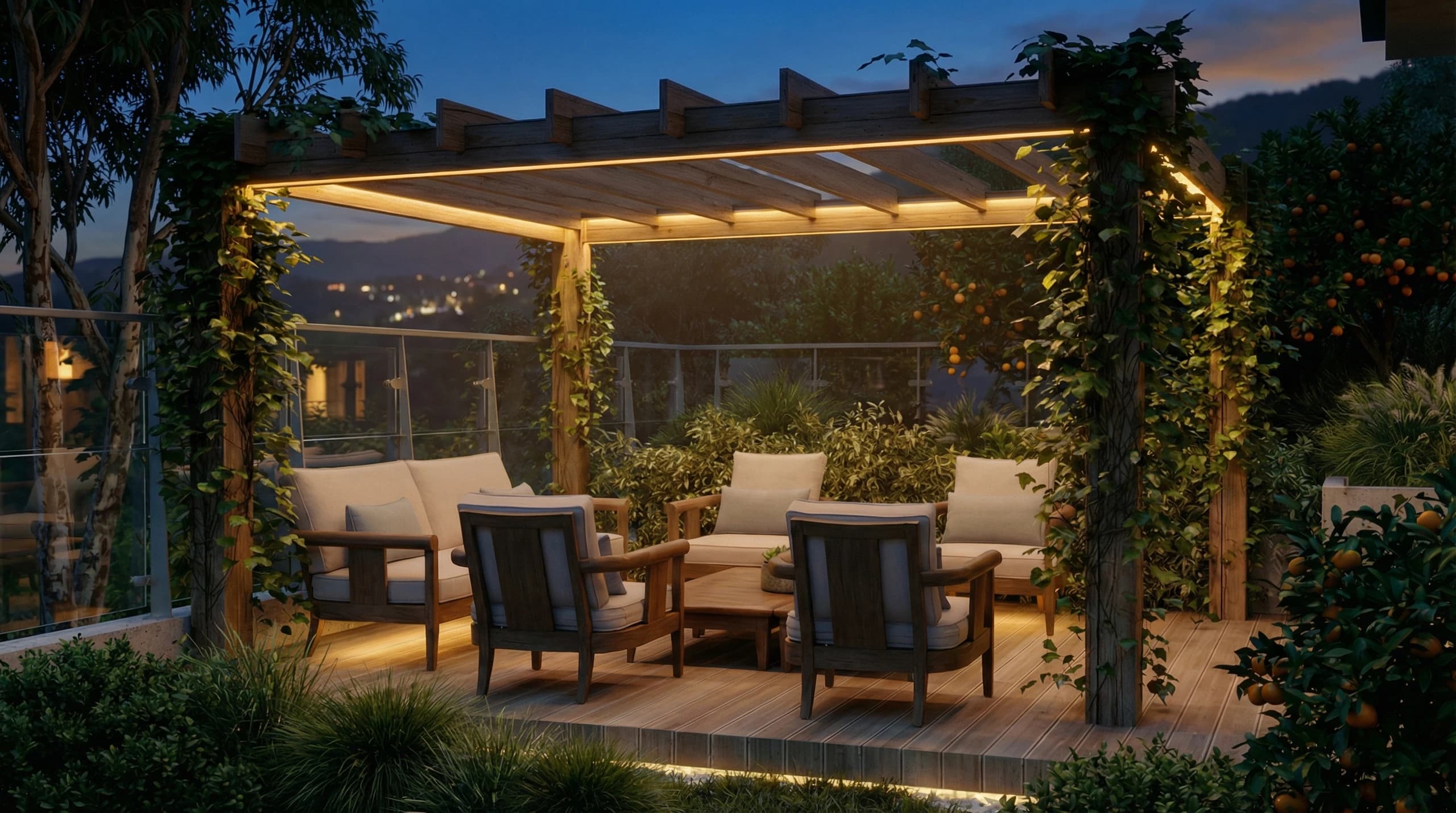 Orangerie Hills — Пергола с тёплой вечерней подсветкой